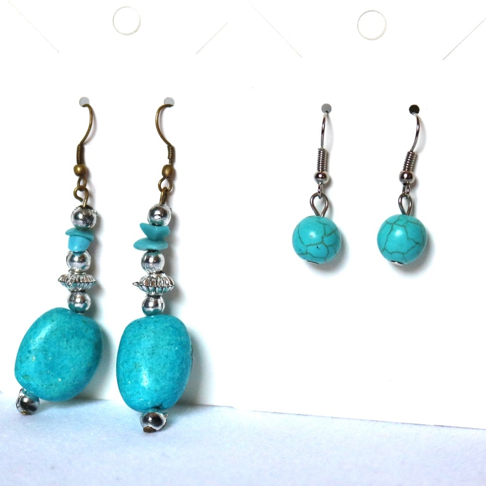 Set of 2 Turquoise Dangle Drop Earrings with Silver Tone Beads Boho Southwest